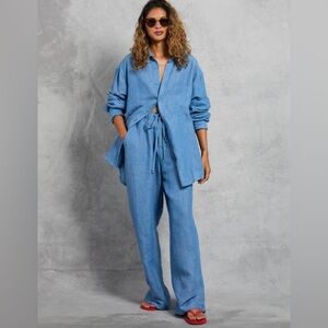 Mamene New Pleated Wide Leg Linen Pants Chambray Blue NWOT Size 2 Medium Large